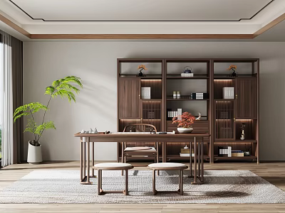 Traditional Chinese Style Study With Wooden Furniture And Plants 3d model