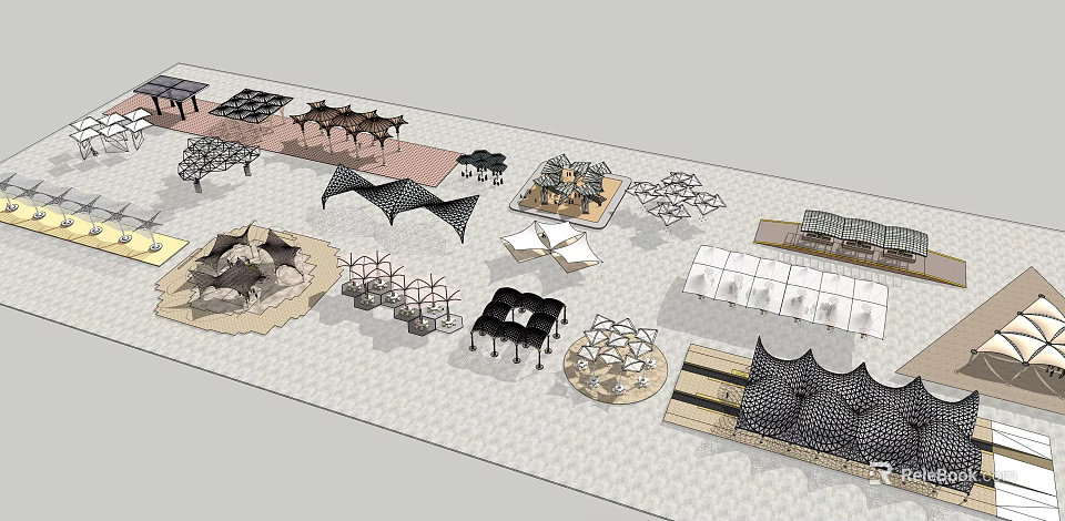 Tensile Membrane Structure Design for Outdoor Public Space With Shade Seating and Landscape 3d model 