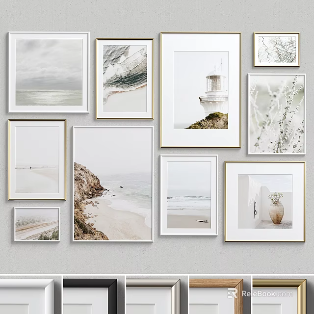 Photo Wall Interior Decor Featuring Beach Waves Lighthouse Art And Multiple Decorative Frames 3d model