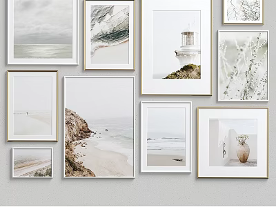 Photo Wall Interior Decor Featuring Beach Waves Lighthouse Art And Multiple Decorative Frames 3d model