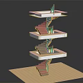 Architectural Spiral Staircase Model With Multiple Floating Platforms And Wooden Steps
