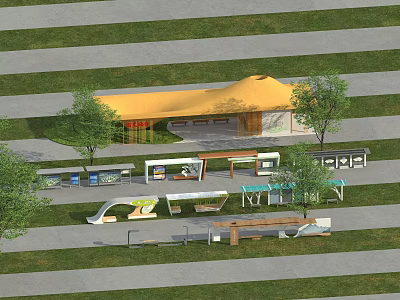 Park Leisure Area With Yellow Roof Building Green Spaces And Seats 3d model