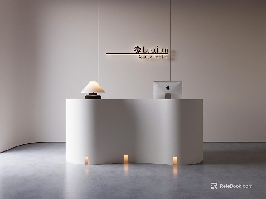Modern White Curved Reception Desk With Table Lamp And Beauty Clinic Sign 3d model 