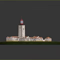 Scenic Landscape With Red Roof Buildings Lighthouse And Green Circular Grass Area