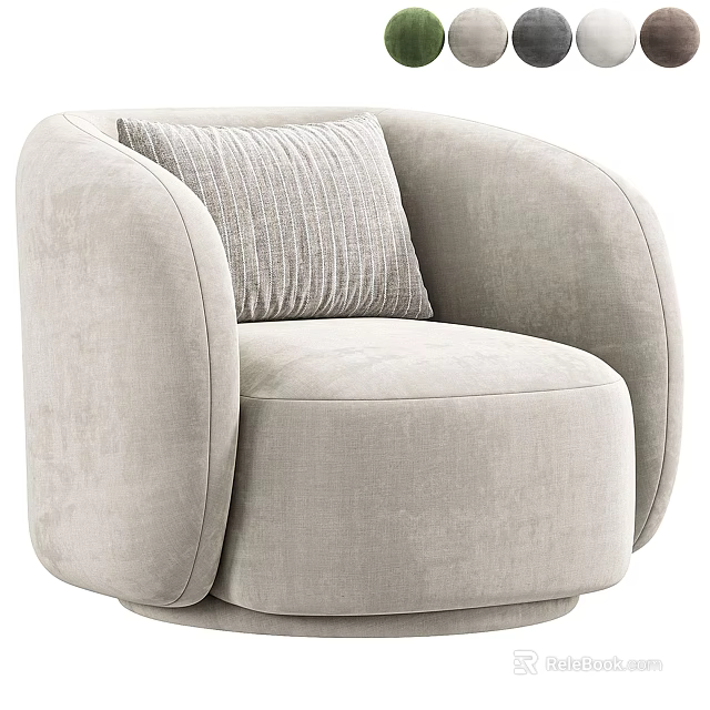 Modern Single Sofa With Rounded Armrests Light Beige Velvet Upholstery And Striped Cushion 3d model 