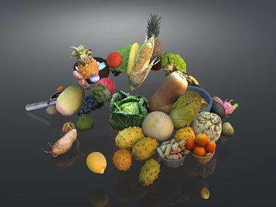 Colorful Assorted Fresh Fruits Including Pineapple Mango Apple Orange and Strawberry 3d model