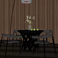 Modern Round Glass Top Dining Table Set with Grey Chairs Vase Flowers and Green Apples