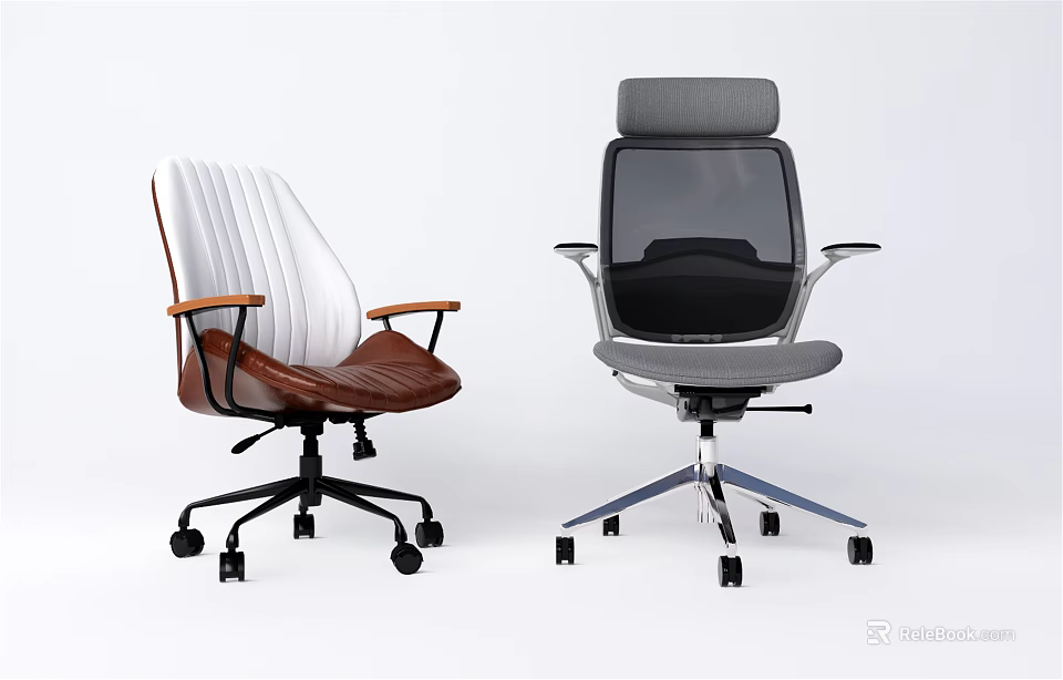 Modern Office Chairs With White Leather Wooden Armrests Gray Mesh Back And Contemporary Design 3d model 