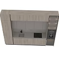 Modern Kitchen Wooden And Gray Cabinets With Built in Appliances Wine Rack And Black Countertop