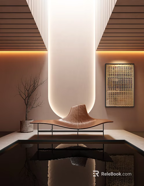 Brown Leather Chaise Lounge In Modern Interior With Soft Lighting And Decorative Plant 3d model 