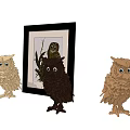Owl Themed Decorative Ornaments Set with Framed Painting and Wooden Figurines