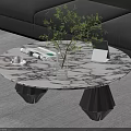 Modern Round Coffee Table With Marble Top Black Geometric Legs And Vase Green Plant Magazine