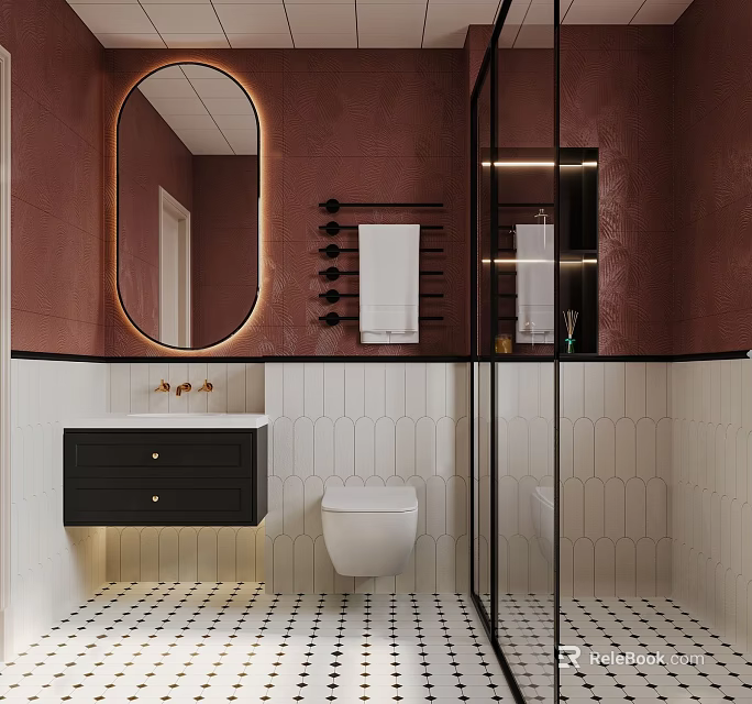 Modern Maroon Bathroom Interior With Oval Gold Frame Mirror Black Vanity And White Hexagonal Tiles 3d model 