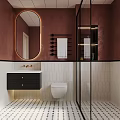 Modern Maroon Bathroom Interior With Oval Gold Frame Mirror Black Vanity And White Hexagonal Tiles