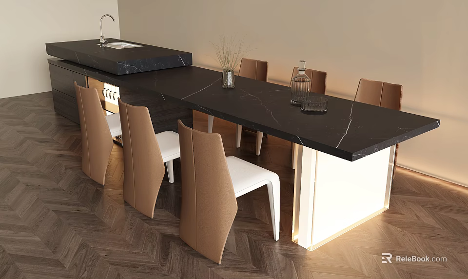 Stylish Black Marble Table And Chair Set With Brown White Chairs Wooden Floor 3d model 