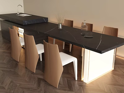 Stylish Black Marble Table And Chair Set With Brown White Chairs Wooden Floor 3d model