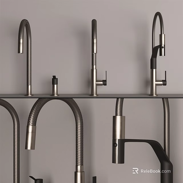 Stylish Metal Faucet Collection With Various Spout And Handle Designs On Exhibition Shelf 3d model 