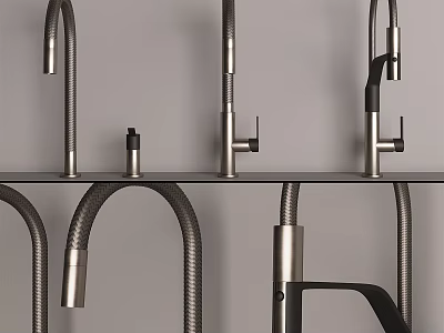 Stylish Metal Faucet Collection With Various Spout And Handle Designs On Exhibition Shelf 3d model