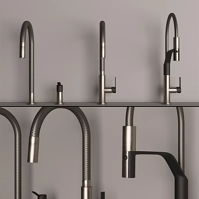 Stylish Metal Faucet Collection With Various Spout And Handle Designs On Exhibition Shelf 3d model