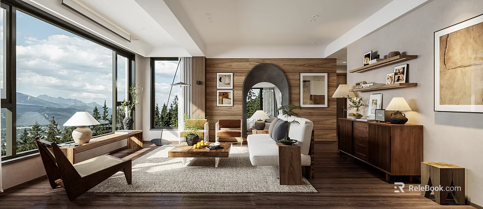 Cozy Living Room With Wooden Walls Large Windows Mountain View Sofa And Coffee Table 3d model 