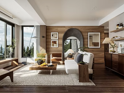 Cozy Living Room With Wooden Walls Large Windows Mountain View Sofa And Coffee Table 3d model