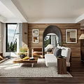 Cozy Living Room With Wooden Walls Large Windows Mountain View Sofa And Coffee Table