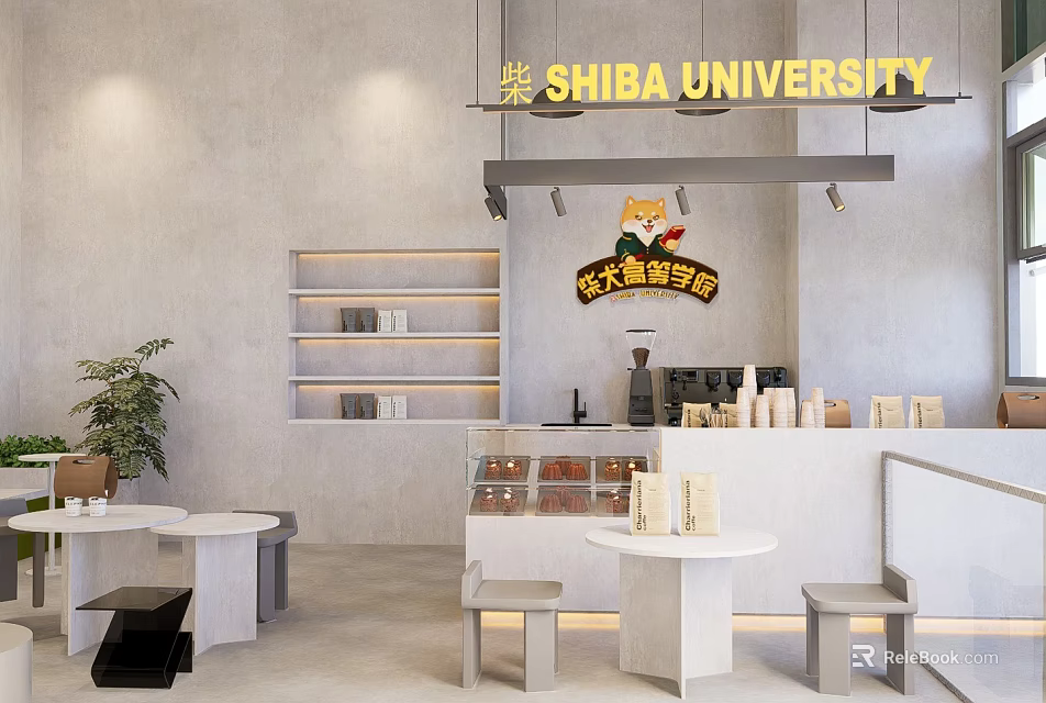 Shiba University Coffee Academy Storefront With Bar Counter Tables Stools And Green Plants 3d model 