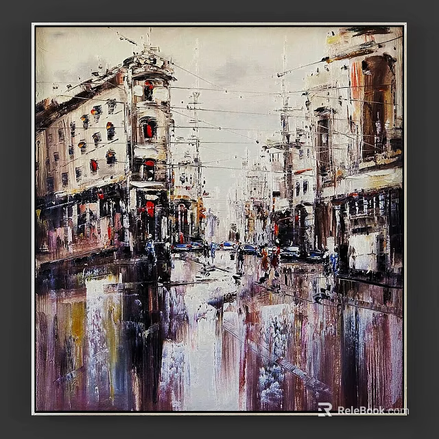 Urban Cityscape Oil Painting Frame with Rainy Street Reflections and Pedestrians 3d model 