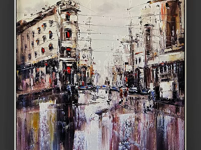 Urban Cityscape Oil Painting Frame with Rainy Street Reflections and Pedestrians 3d model