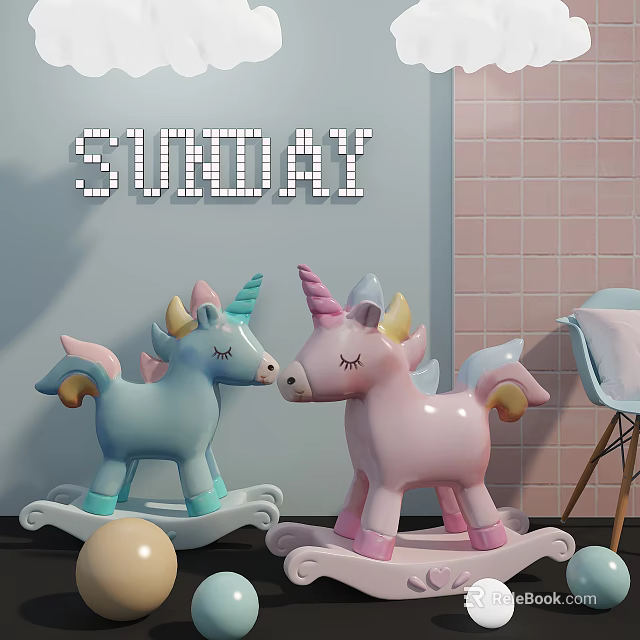 Building Blocks Formed SURDAY Word With Light Blue Pink Unicorn Rocking Horses In Kids Room 3d model 
