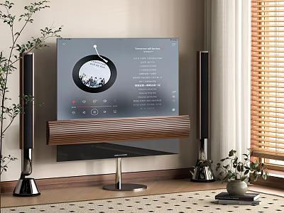Modern Home TV Setup With Wooden Stand And Black Speakers In Living Room 3d model
