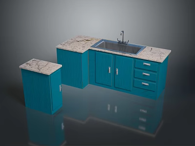 Blue Marble Top Dining Table Set With Drawers And Storage Cabinets Design 3d model