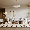 Modern Living Room Interior Design With Neutral Sofa White Chandelier And Patterned Rug