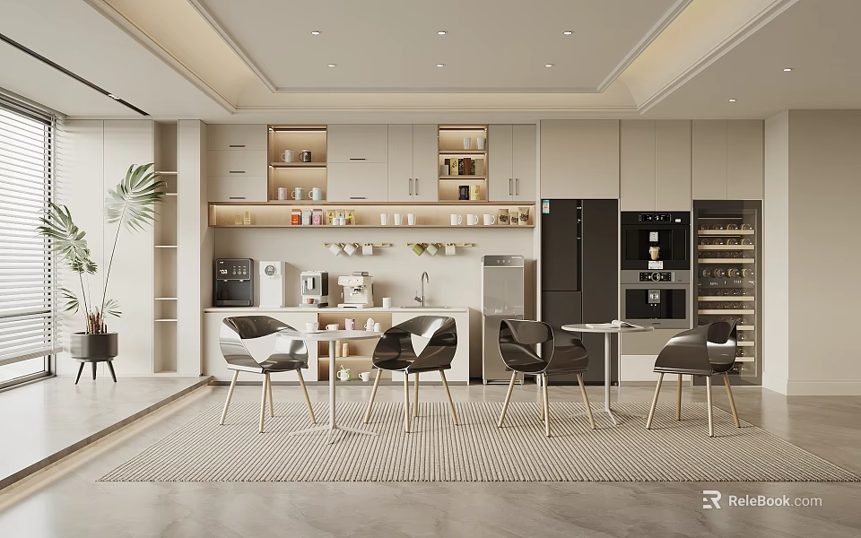Modern Tea Room Interior Design With Cabinets Coffee Machine Tables And Chairs 3d model 