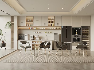 Modern Tea Room Interior Design With Cabinets Coffee Machine Tables And Chairs 3d model