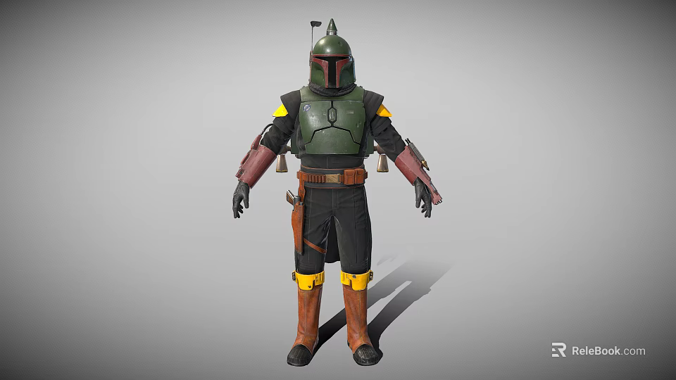 Futuristic Armored Character With Green Armor Yellow Accents Utility Belt And Brown Boots 3d model 