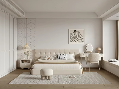 Minimalist Modern Bedroom Interior With Beige Bed Pillows Geometric Wallpaper Decorative Painting And Dressing Table 3d model