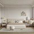 Minimalist Modern Bedroom Interior With Beige Bed Pillows Geometric Wallpaper Decorative Painting And Dressing Table