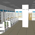 Pharmacy Store Interior With Organized Medicine Shelves Bright Lighting And Counter