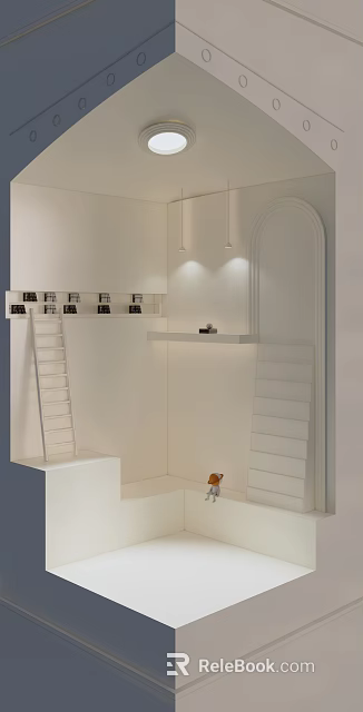 Stylish Wall Lights In Modern Interior With White Wall Ladder Shelf And Small Decorations 3d model 