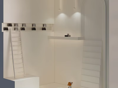 Stylish Wall Lights In Modern Interior With White Wall Ladder Shelf And Small Decorations 3d model