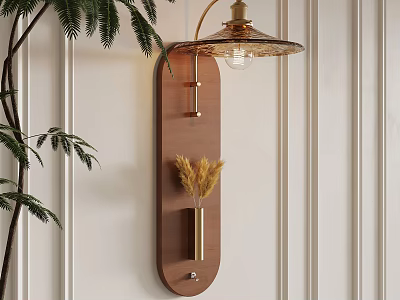 Modern Wall Lamp With Wooden Backboard Brass Accents And Dried Pampas Grass 3d model