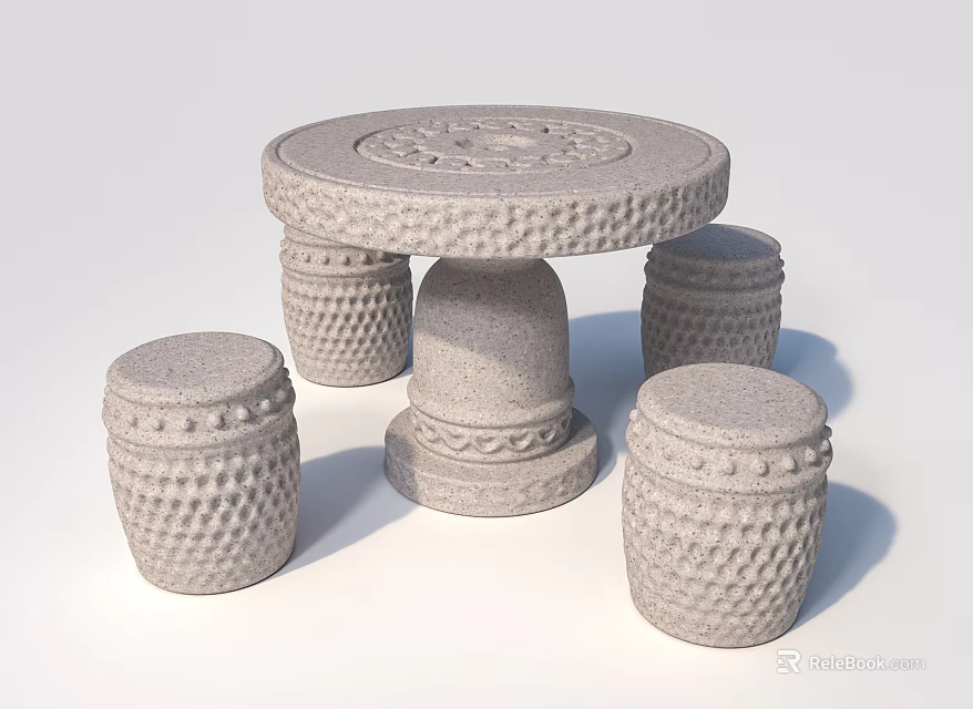 Round Outdoor Table With Carved Stone Tabletop And Four Cylindrical Textured Stools 3d model