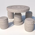 Round Outdoor Table With Carved Stone Tabletop And Four Cylindrical Textured Stools 3d model