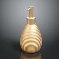 Woman Using Golden Striped Soap Dispenser With Press Pump On Black Surface