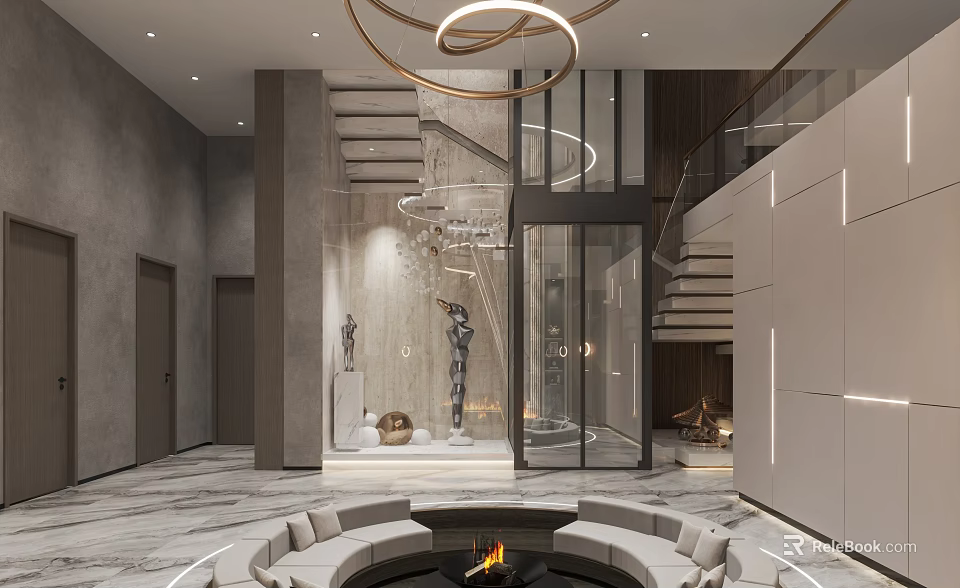 Modern Luxury Living Room Interior With Circular Sofa Fireplace And Metal Chandelier Sculpture Decor 3d model 