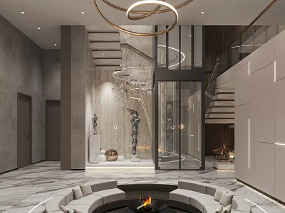 Modern Luxury Living Room Interior With Circular Sofa Fireplace And Metal Chandelier Sculpture Decor 3d model