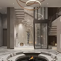 Modern Luxury Living Room Interior With Circular Sofa Fireplace And Metal Chandelier Sculpture Decor