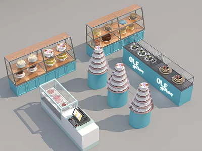 Glass Door Cake Display Shelves with Wooden Frames Cupcake Stands and Blue Counter 3d model