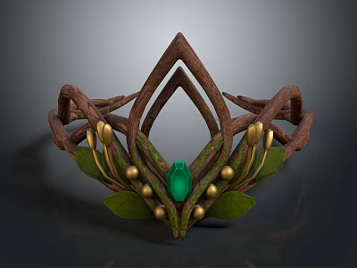 Decorative Lifestyle Crown Accessory With Brown Branch-like Design Green Leaves Golden Accents And Green Gemstone 3d model
